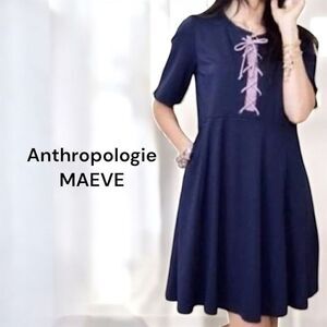 Anthropologie Maeve Blue Lace Up A-Line Dress Retro Pockets Knee Length Dress